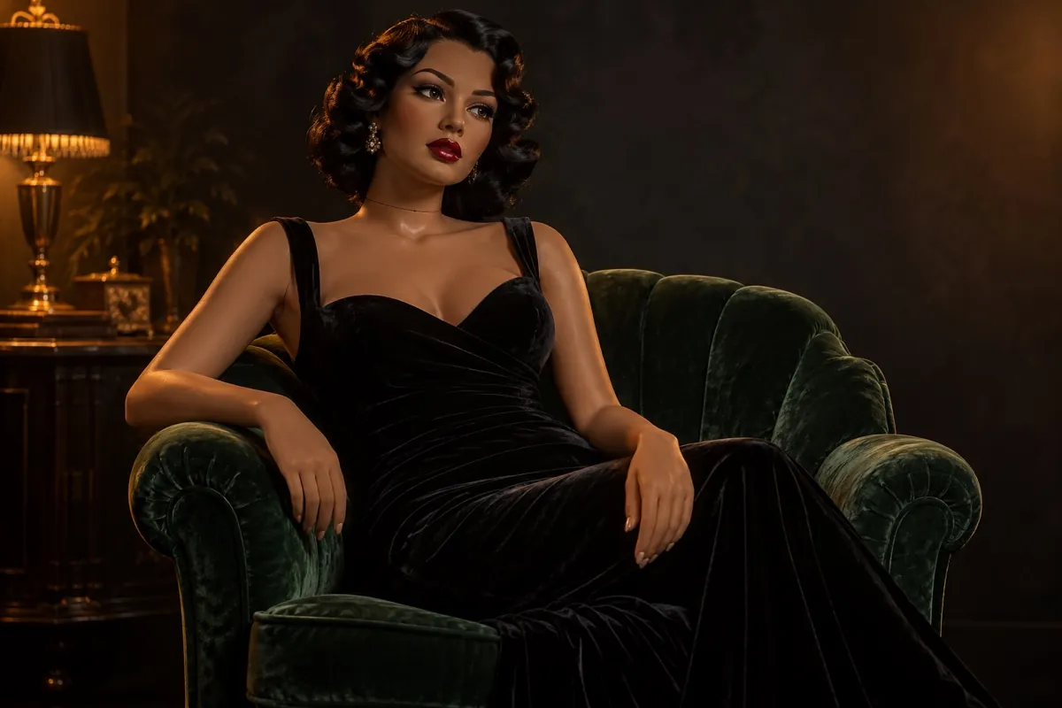 Doll in 1950s film-star styling and a black velvet gown in a green velvet armchair