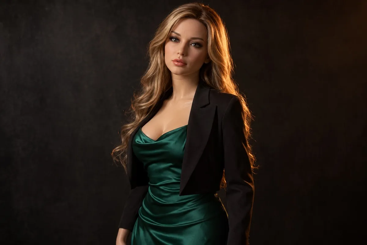 Silicone doll with honey-blonde waves in an emerald dress and black blazer on a dark set